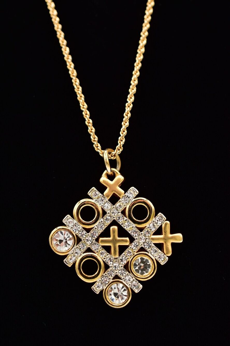 Vintage XO Pendant Necklace Rhinestone Crystal Tic Tac Toe Gold Shiny 80s BinBC